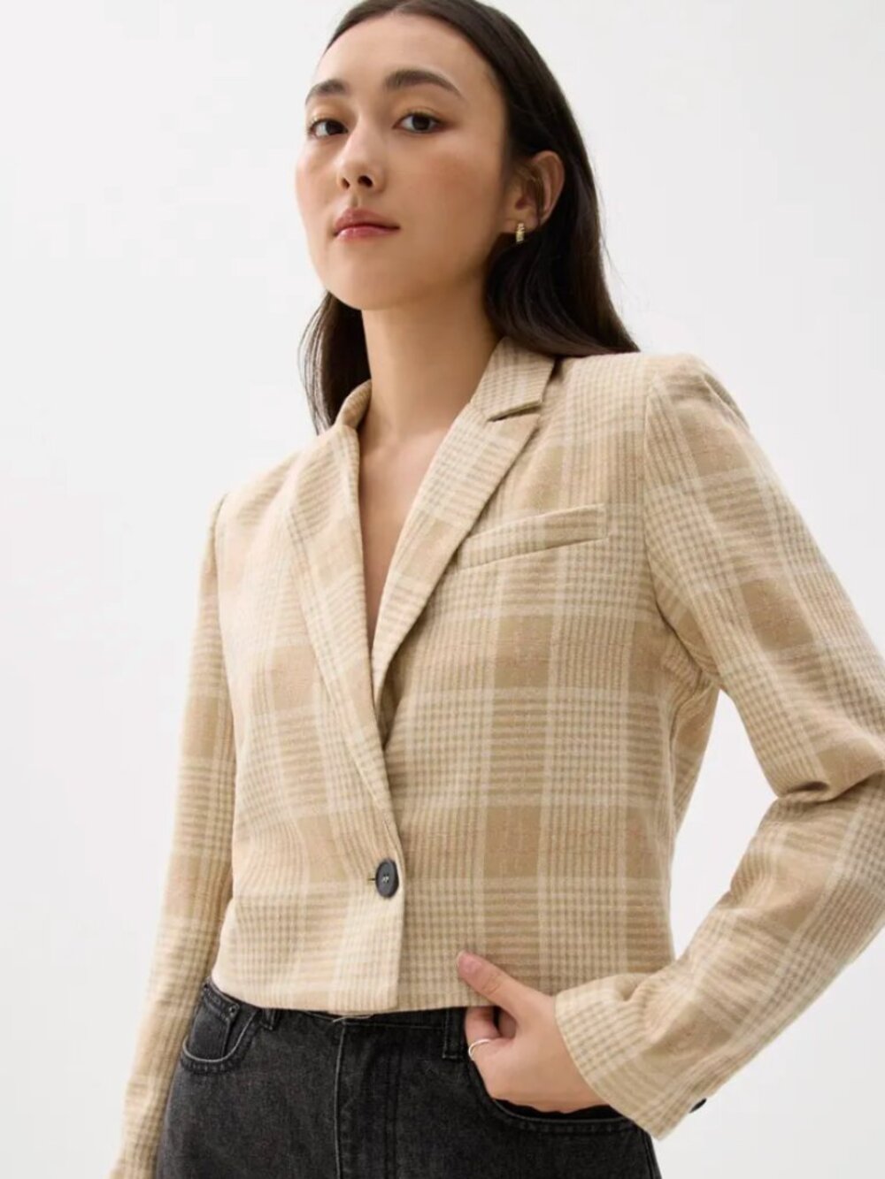 NWT Love Bonito Plaid Shoulder Padded Crop Blazer in Khaki - Picture 4 of 8